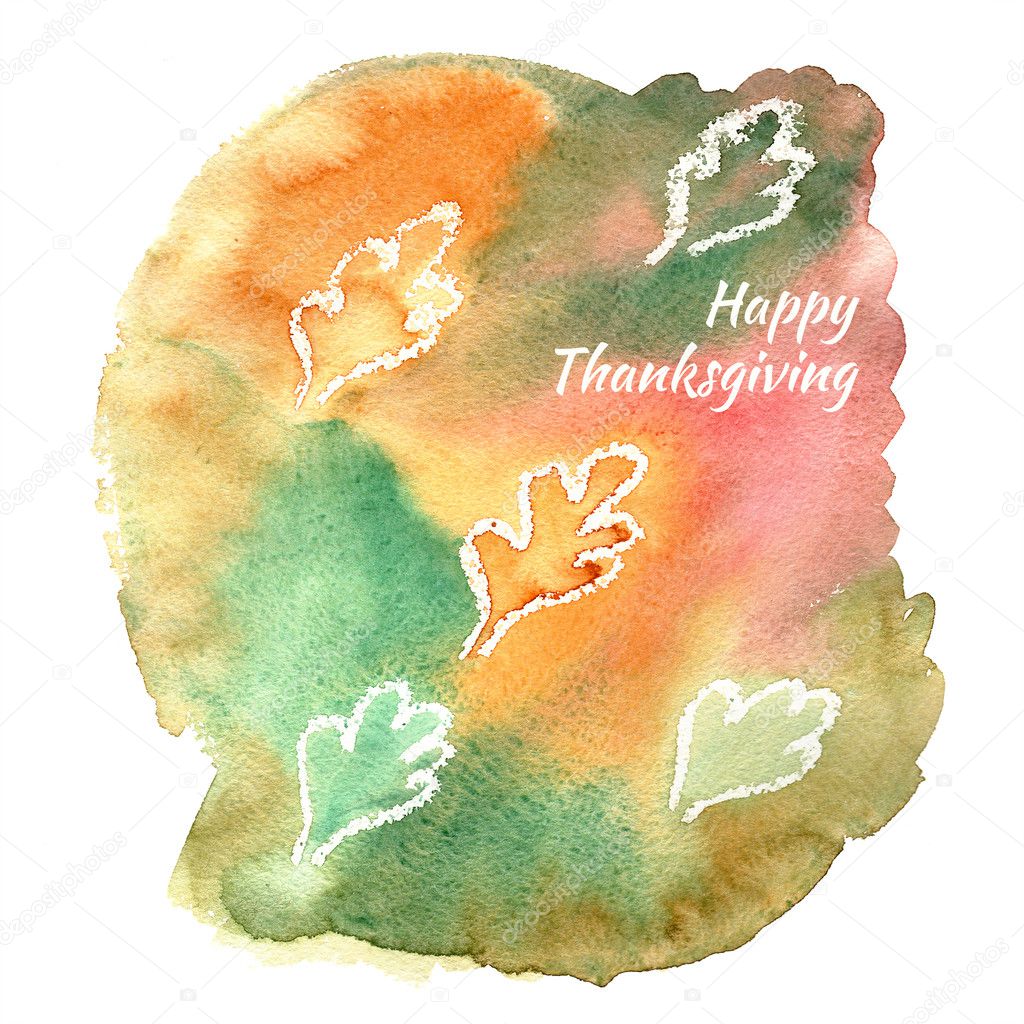 Happy thanksgiving watercolor greeting card with  autumn leaves