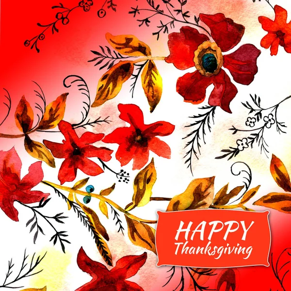 Happy thanksgiving watercolor greeting card with red flowers — Stock Photo, Image