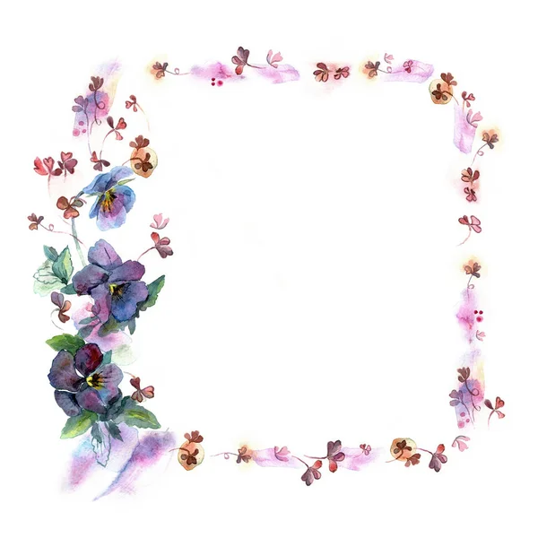 Cute watercolor flower frame. Background with pansies. — Stock Photo, Image