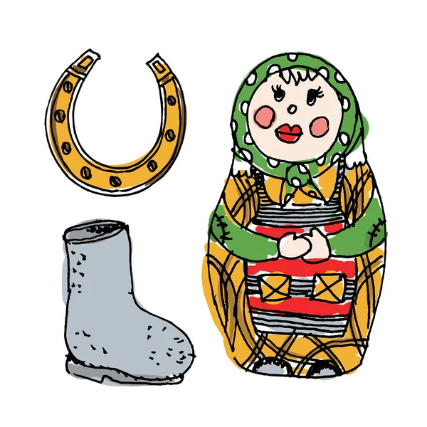 Ilustração com símbolos russos tradicionais: boneca aninhada, valenok e chifres — Vetor de Stock