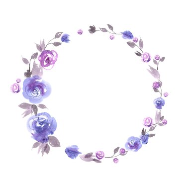 Şirin suluboya çiçek çerçeve. Arka plan mavi Güllü