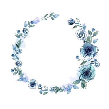 Şirin suluboya çiçek çerçeve. Arka plan mavi Güllü. 