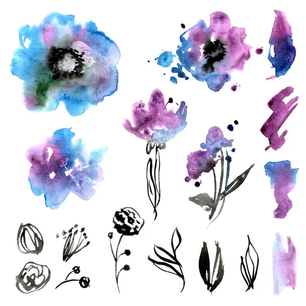 Lindas flores de acuarela. Rosas azules. Elementos para invitación, tarjeta de boda —  Fotos de Stock