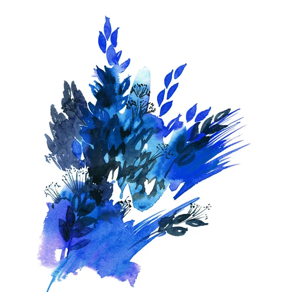 Soyut kış yaprakları mavi renklerde suluboya el boyalı. — Stok fotoğraf