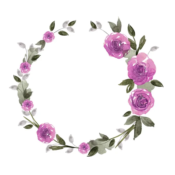 Cute watercolor flower frame. Background with purple roses.