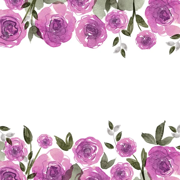 Carino acquerello cornice fiore. Sfondo con rose viola . — Foto Stock