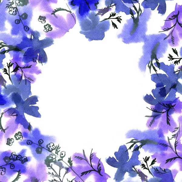 可爱的水彩花卉框架。背景与水彩的蓝色小花 — 图库照片