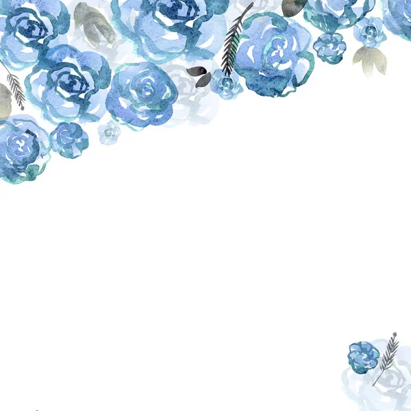 Cute watercolor flower frame. Background with blue roses. — Stock Photo, Image