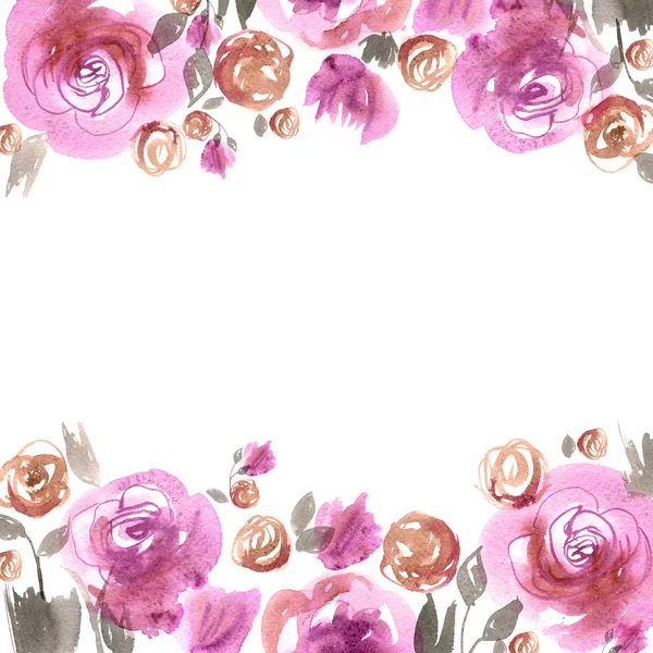Cute watercolor flower border. Background with pink roses. — Stock Photo, Image