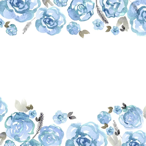 Niedlichen Aquarell Blume Rahmen. Hintergrund mit blauen Rosen. — Stockfoto