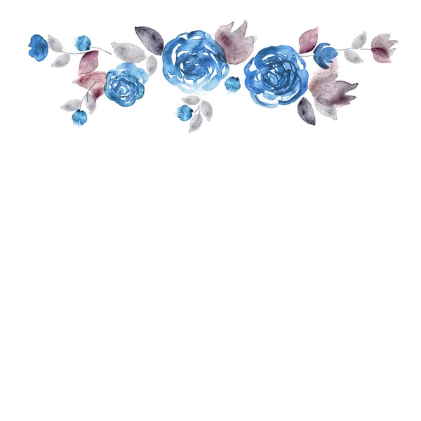 Moldura bonito flor aquarela. Fundo com rosas azuis . — Fotografia de Stock