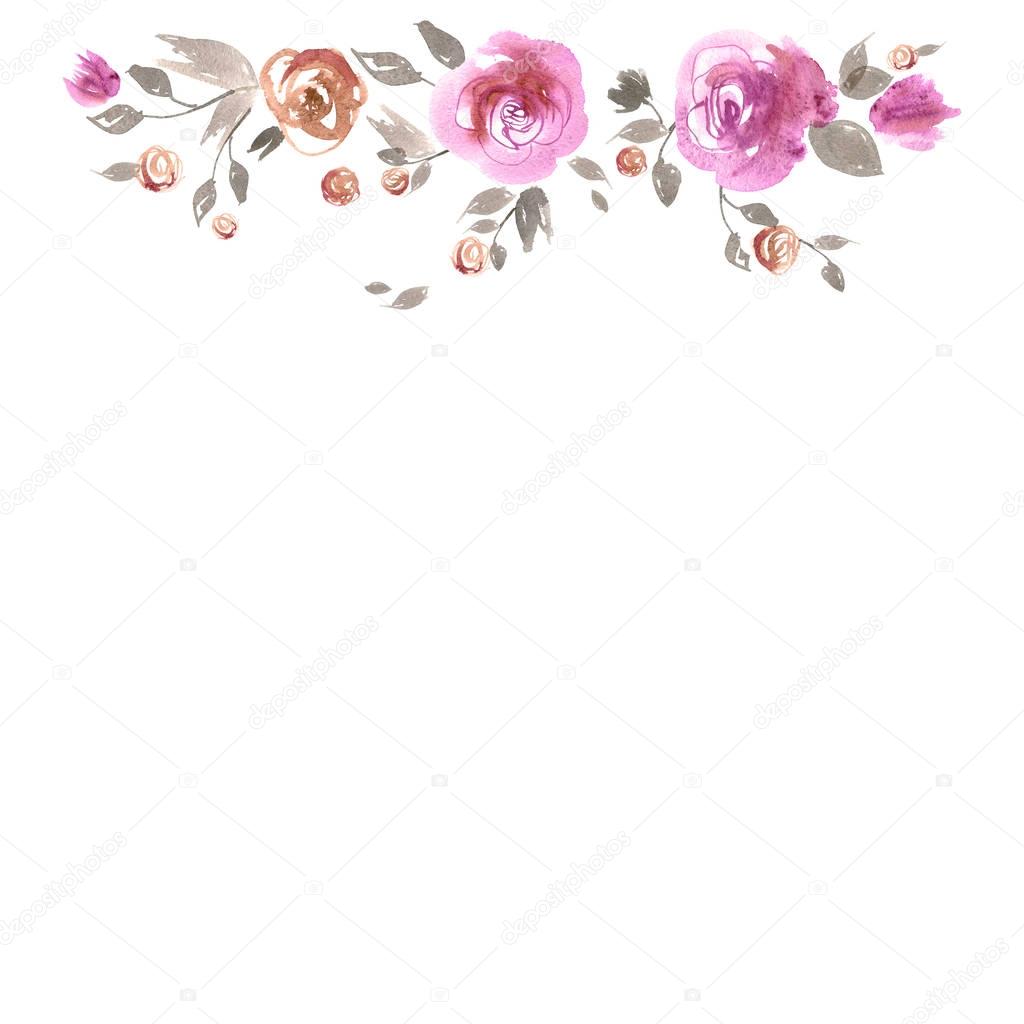 Cute watercolor flower border. Background with pink roses ...