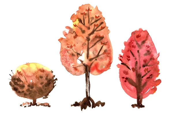 Akwarela ręcznie malowane autumn drzewa pomarańczowe i czerwone — Zdjęcie stockowe