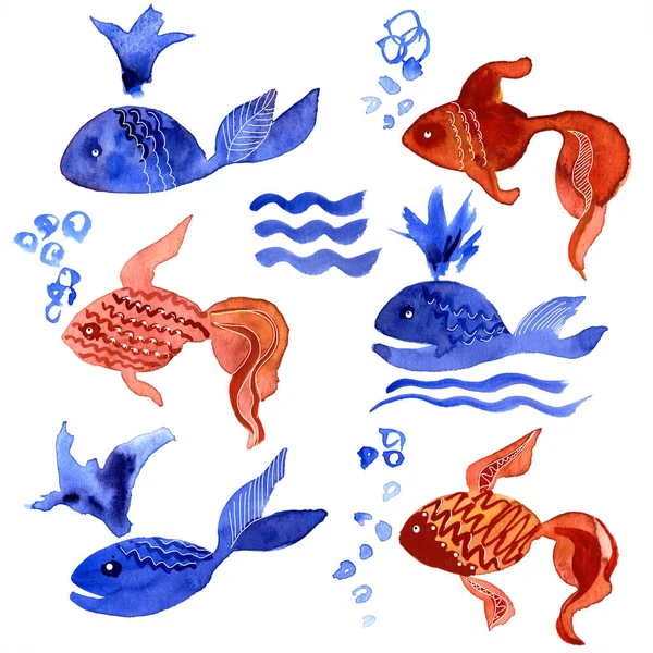 Watercolor hand painted sea illustration with blue whales and goldfishes — Stock Photo, Image