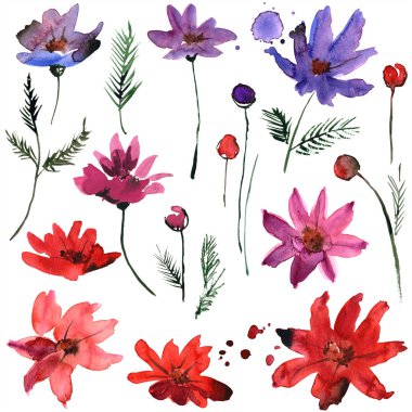 Davetiye, düğün kartı, doğum günü kartı için soyut çiçek öğeleri suluboya el boyalı