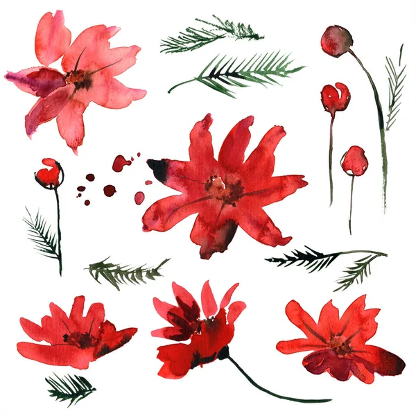 Davetiye, düğün kartı, doğum günü kartı için soyut çiçek öğeleri suluboya el boyalı