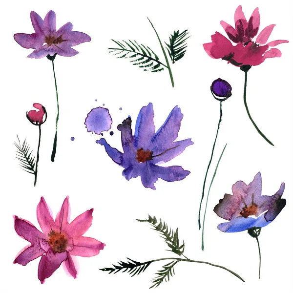 Davetiye, düğün kartı, doğum günü kartı için soyut çiçek öğeleri suluboya el boyalı