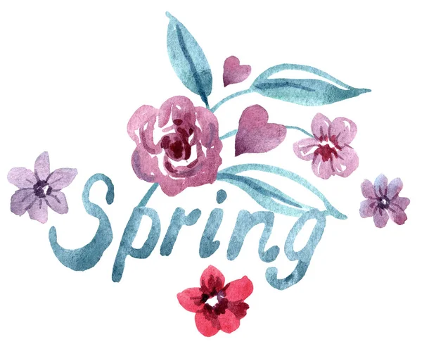 Cute watercolor hand painted spring lettering with flowers — Stock Photo, Image