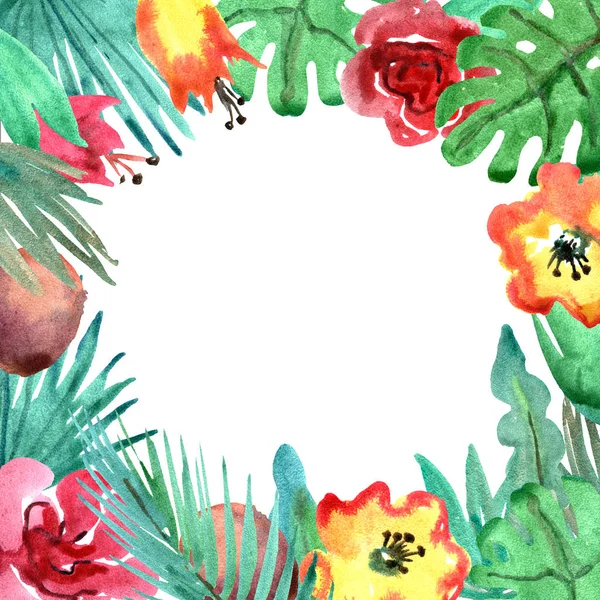 Handmålade Tropiska Ram Med Palm Blad Monstera Och Exotiska Blommor — Stockfoto
