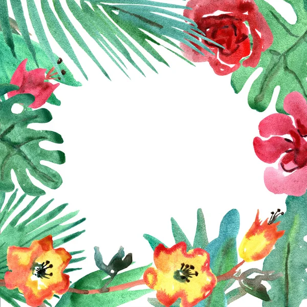 hand painted tropical frame with palm leaves, monstera and exotic flowers