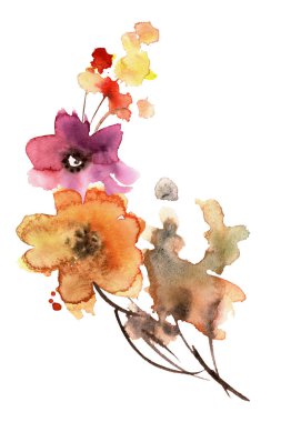 Şirin suluboya el Kırmızı ve sarı çiçek boyalı. Davet. Düğün kartı. Doğum günü kartı