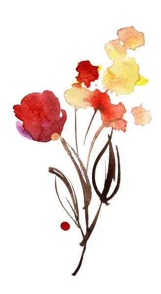 Söt akvarell handmålade röda och gula blommor. Inbjudan. Bröllop kort. Födelsedagskort — Stockfoto