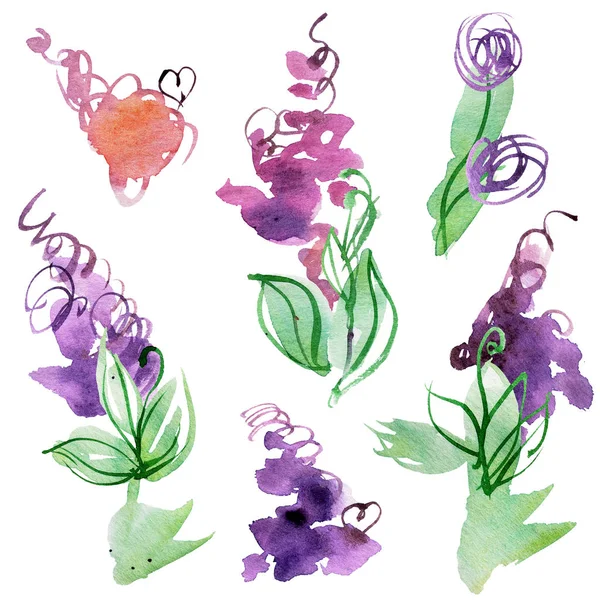 Aquarell handbemalte abstrakte lila Blumen. Elemente für die Gestaltung — Stockfoto