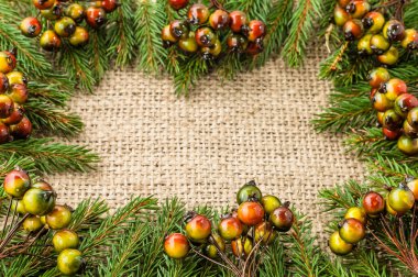 Yeşil Noel çerçeve kopya alanı ile. Süslemeleri ile Ladin dal.