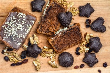 Noel kurabiye, çikolatalı kek, kavram, üstten görünüm pişirme