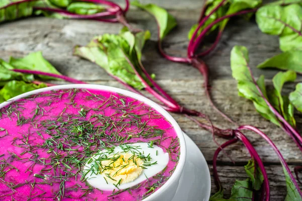 Холодний суп з листям буряка, який подається з вершками, здоровою вегетаріанською кухнею — стокове фото