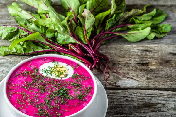 Холодний суп з листям буряка, що подається з вершками, концепція літньої кулінарії — стокове фото