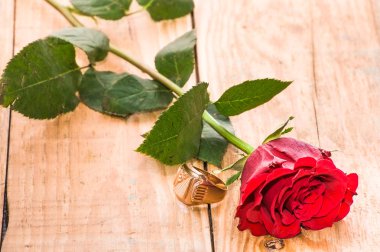 Nişan yüzüğü ve ahşap zemin, Sevgililer günü kartı üzerine kırmızı gül