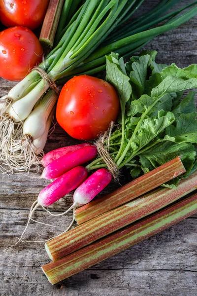 Manojos de verduras frescas, productos de jardín, concepto de comida vegetariana saludable — Foto de Stock