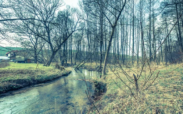 Paisagem de primavera adiantada com curva de rio na floresta e aldeia, cena pitoresca da natureza, foto do vintage — Fotografia de Stock
