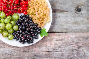 Yaz meyve çeşitleri: kırmızı kuş üzümü, beyaz kuş üzümü ve blackcurrants plaka üzerinde ana sayfa görünümü