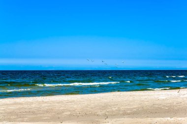 Mavi gökyüzü, yaz tatili, altında ıssız sahil seyahat arka plan