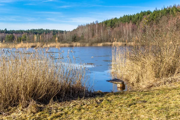 Paesaggio del lago con ghiaccio che si scioglie all'inizio della primavera disgeli o fine inverno . — Foto Stock