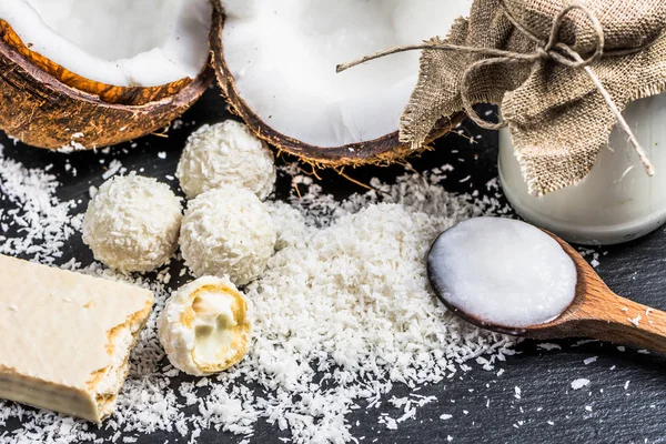 Fresh coconut and coconut products: coconut oil and coconut swee
