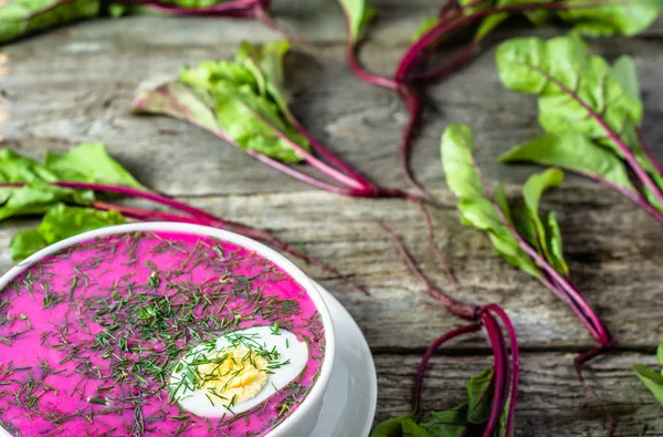 Soupe froide aux feuilles de betterave servie avec crème, concept de cuisine végétarienne, pose à plat — Photo