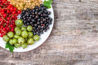 Yaz meyve çeşitleri: kırmızı kuş üzümü, beyaz kuş üzümü ve blackcurrants plaka üzerinde ana sayfa görünümü