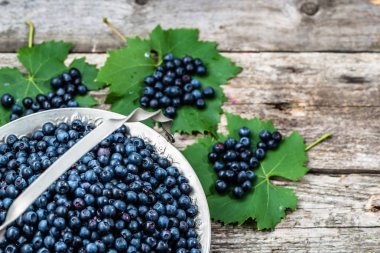 Sepeti ahşap masa üzerinde ormandaki çiftçi üzerinde olgunlaşmış meyve taze bilberries Pazar, yukarıdan