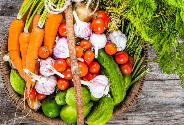 Verduras coloridas en cesta, productos orgánicos del mercado campesino en mesa de madera — Foto de Stock