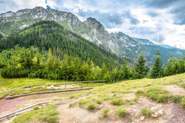 Yatay iz kayalık dağ altında hiking Dağları, herdem yeşil orman kaplı
