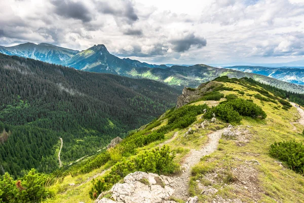 Весенний горный пейзаж, вид на пешеходную тропу на склоне хребта Татр — стоковое фото