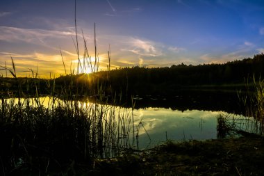 Gün batımı göl, güneş düşmek ormanda