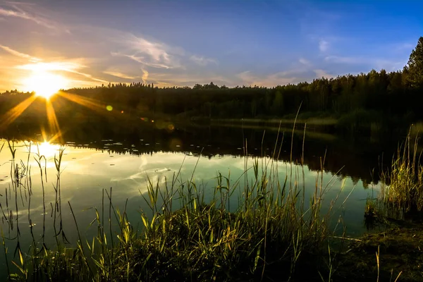Puesta de sol en el lago, caída de sol en el bosque — Foto de Stock