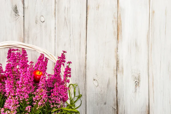 Blume der Heide im Korb, Herbst Blumen Hintergrund, schäbig chic rustikales Muster — Stockfoto