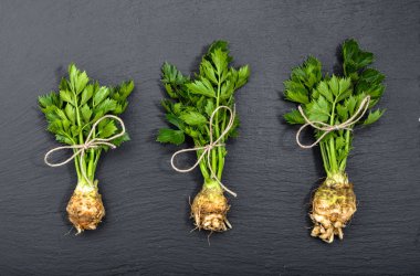 Kök kereviz yaprakları ile yerel pazar sebze, düz siyah arka plan üzerinde yatıyordu, yukarıdan