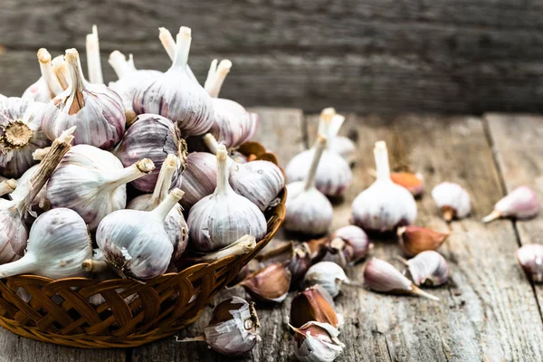 Taze sarımsak sepet. Yerel grupta sebze Çiftçi Market.
