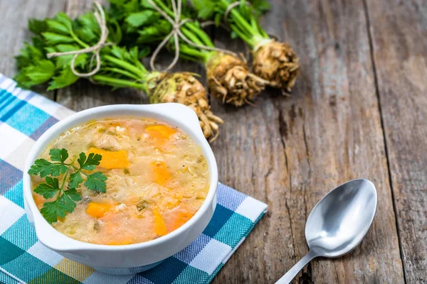 Капустяний суп з овочами, вегетаріанська страва, концепція здорового харчування — стокове фото